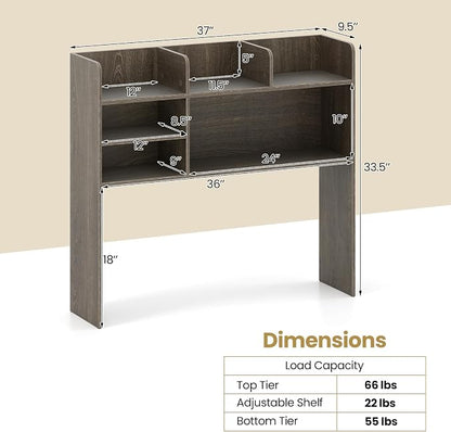 Tangkula Desktop Bookshelf for Computer Up to 32”, 37” Countertop Storage Hutch with 6 Storage Shelves, 3-Tier Desktop Organizer Display Rack, Wooden Desk Hutch for Dorm Home Office (Grey,6 Shelves)