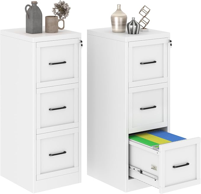 GAIOUS Metal Vertical File Cabinet with Lock, Home Office 3 Drawer Cabinet | 3 Drawer Filing Cabinet, Beside Desk File Cabinet, White Lockable Storage Cabinet, Fits Letter/Legal/A4 Size