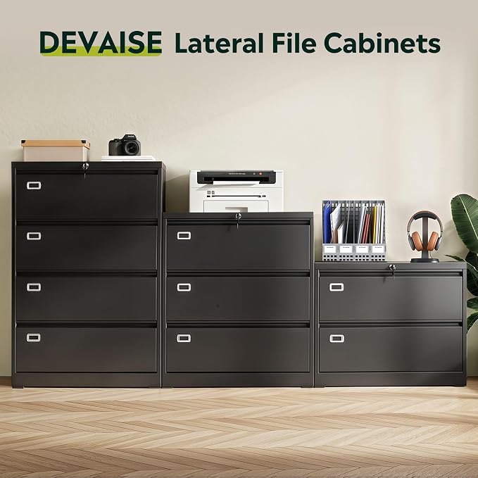 DEVAISE 3 Drawer Metal File Cabinet, Wide Lateral Filing Cabinet with Lock for Home Office Organization Hanging Files Letter/Legal/F4/A4 Size (Black, Assembly Required)
