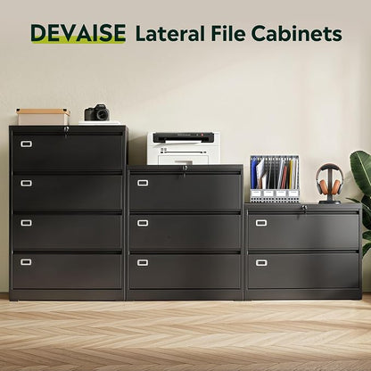 DEVAISE 3 Drawer Metal File Cabinet, Wide Lateral Filing Cabinet with Lock for Home Office Organization Hanging Files Letter/Legal/F4/A4 Size (Black, Assembly Required)