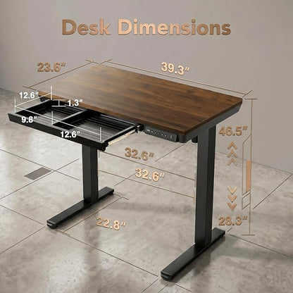 HUANUO 40 X 24 Inch Standing Desk with Drawers, Electric Adjustable Height Desk, Quick Install One-Piece Tabletop with USB Charging Ports, Sit to Stand Up Desk for Home Office, Black Walnut