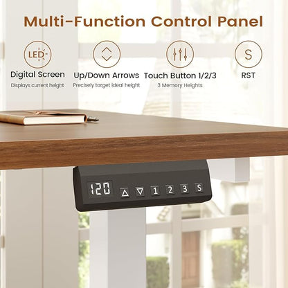 SEDETA L Shaped Electric Standing Desk with 7 Drawers, 63"×55.1" Height Adjustable Stand Up Desk with Power Outlets, 28.3"-47.2" Sit Stand Desk with Storage Shelves, 3 Memory Presets, White + Brown