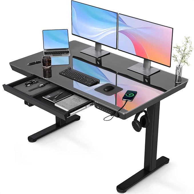 Claiks Glass Standing Desk with Drawers, 48×24 Inch Adjustable Stand Up Desk, Quick Install Home Office Computer with USB Ports, Black
