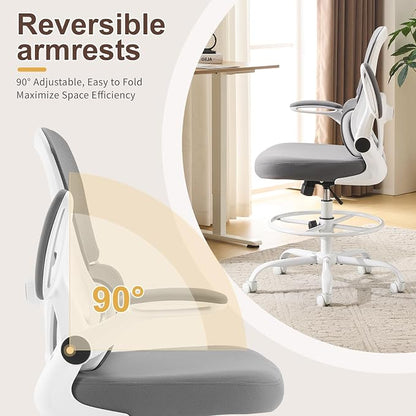 Karl home Ergonomic Drafting Chair, Grey | Lumbar Support, Flip-Up Armrests, Adjustable Height Footrest Ring, Breathable Mesh, Tall Swivel