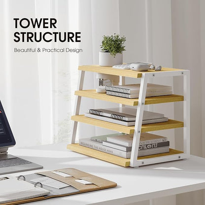 Fenge Desk Shelf Organizer, 4 Tier Desktop Shelf, Wood and Metal Office Shelves, Corner File Organizer for Office Supplies, Top of Desk Organizers and Accessories