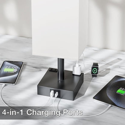 Touch Bedside Table Lamp For Nightstand - 3-Way Dimmable Night Lamp with USB A + Type C Charging Ports and two AC Outlets, Small Desk Light with E26 LED Bulb for Bedroom Living Room ,WHITE BLACK