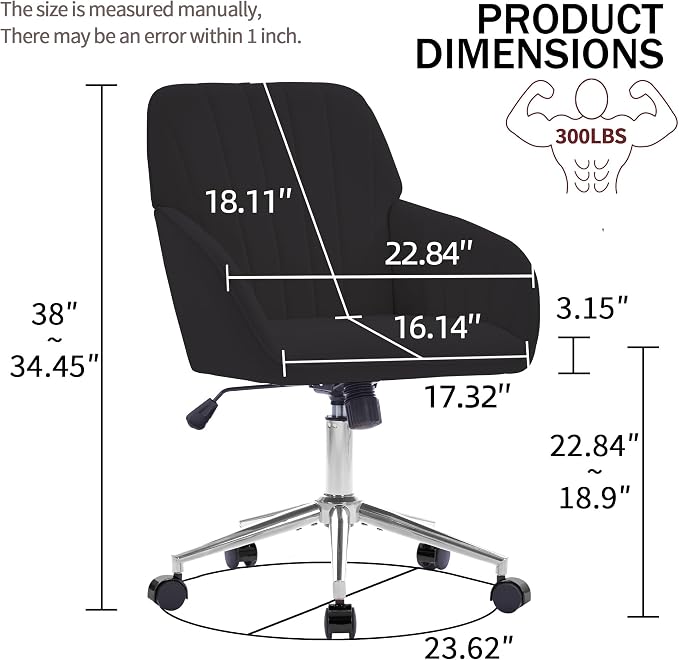 Velvet Home Office Desk Chair, Modern Cute Computer Task Chair with Back, Height Adjustable Upholstered Vanity Chair with Swivel Wheels for Women, Girls (Silver Base, Black
