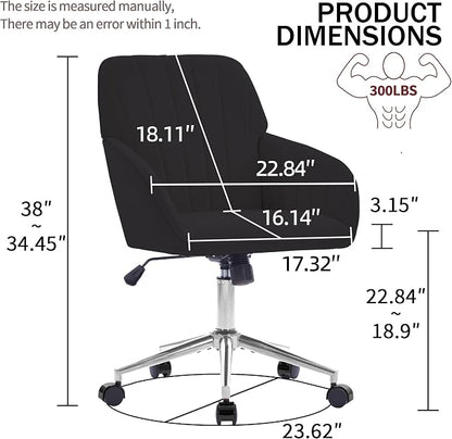 Velvet Home Office Desk Chair, Modern Cute Computer Task Chair with Back, Height Adjustable Upholstered Vanity Chair with Swivel Wheels for Women, Girls (Silver Base, Black
