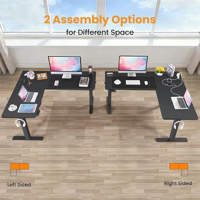 63” L Shaped Standing Desk with Charging Station,Supports Left and Right Swapping,Electric Height Adjustable Corner Stand Up Desk.Free Hook, Lockable Wheels,Mouse Pad,Black