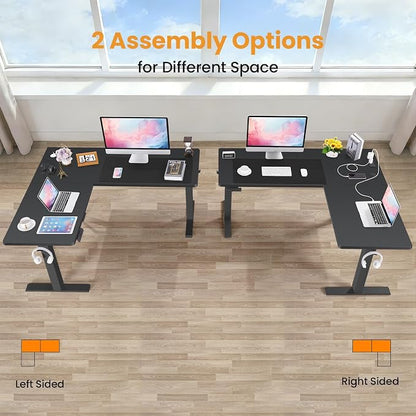 63” L Shaped Standing Desk with Charging Station,Supports Left and Right Swapping,Electric Height Adjustable Corner Stand Up Desk.Free Hook, Lockable Wheels,Mouse Pad,Black