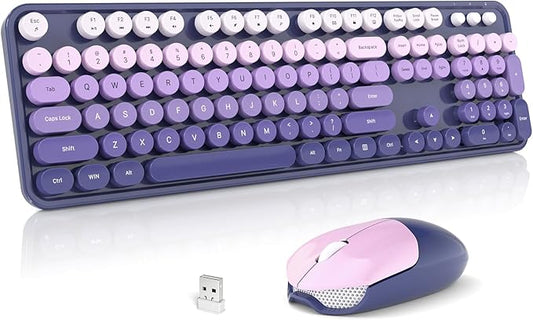 Wireless Keyboard and Mouse Combo, 2.4GHz Gradient Colorful Full-Size Retro Typewriter Keyboard with Wireless Mouse for PC/Desktop/Laptop/Windows (Purple Gradient)
