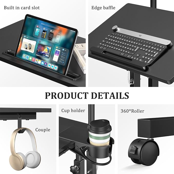 Enayplon Small Standing Desk with Wheels, Mobile Stand Up Desk, Portable Standing Table on Wheels for Walking Pad, Rolling Computer Desk Adjustable Height, Tall Table