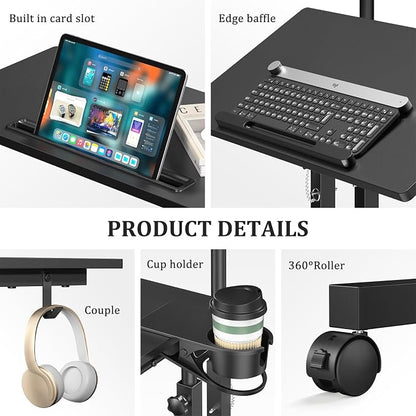 Enayplon Small Standing Desk with Wheels, Mobile Stand Up Desk, Portable Standing Table on Wheels for Walking Pad, Rolling Computer Desk Adjustable Height, Tall Table