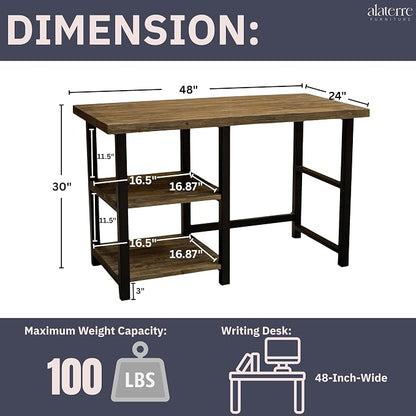 Alaterre Furniture Pomona 48-Inch Industrial Study Desk with Solid Pine Wood Top, 2 Open Shelves, and Metal Frame – Writing Desk with Floor Levelers for Home Office, Bedroom, or Dorm (Natural Finish)