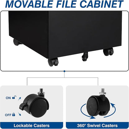 Fesbos 3 Drawer Vertical File Cabinet, Black Mobile Filling Cabinet with Lock for Legal/Letter Size, Pre-Built Office Storage File Cabinet with Wheels Under Desk - Fully Assembled