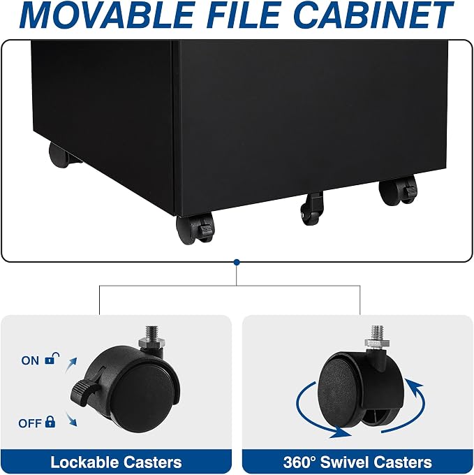 Fesbos 3 Drawer Mobile Metal File Cabinet, Black Filling Cabinets with Lock, Pre-Built Office Storage File Cabinet with Wheels Under Desk - Assembled Required