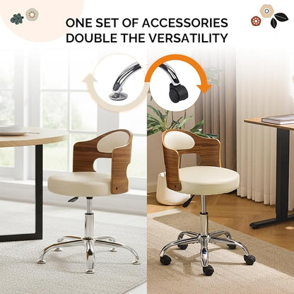VINGLI Armless Home Office Desk Chair, Adjustable Swivel Chair,Dual-Use with/no Wheels,Small Retro Designed Walnut Curved Task Chair,Cushioned Nail Tech Chair for Study Area,Workspace,PU,Ivory White