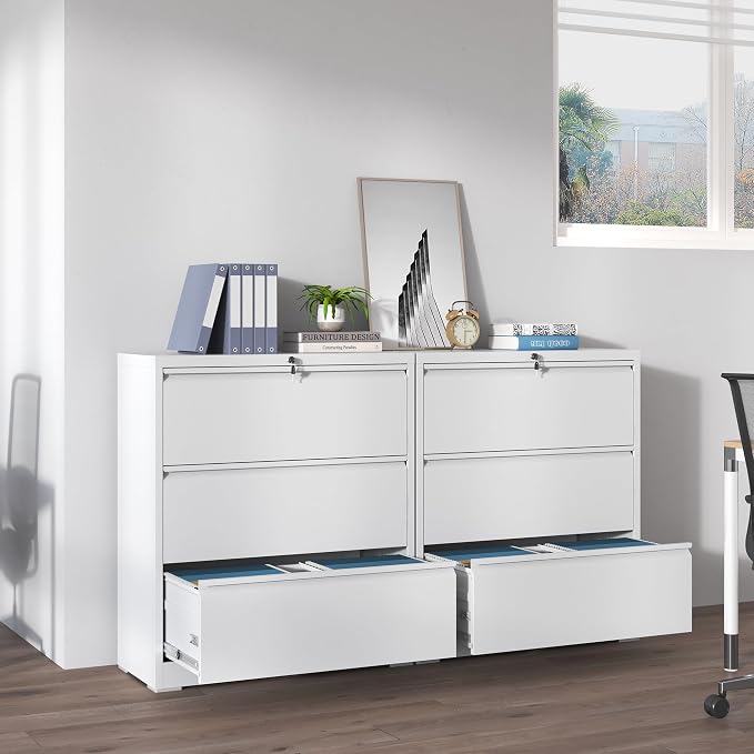 IKIMI 3 Drawer Lateral File Cabinets with Lock,White Metal Lateral Filing Cabinet for Home Office,Wide Steel Storage Cabinet Commercial Drawer Cabinet for Legal/Letter/A4 Size Files