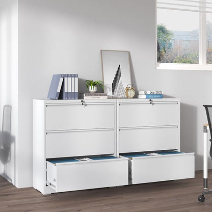 IKIMI 3 Drawer Lateral File Cabinets with Lock,White Metal Lateral Filing Cabinet for Home Office,Wide Steel Storage Cabinet Commercial Drawer Cabinet for Legal/Letter/A4 Size Files