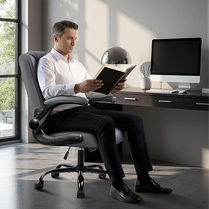 OFIKA Leather Office Desk Chair,Ergonomic Office Chair with Lumbar Support,Computer Chair,Executive Leather Chair with Padded Flip-up Arm,Adjustable Armrests, Gray,275LBS