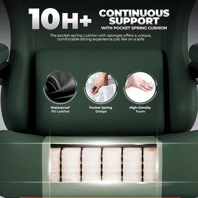 GTPLAYER Big and Tall Gaming Chair 400lbs Heavy Duty Office Chair with Footrest, High Back Pocket Spring Ergonomic Computer Chair for Adults, Wide Seated Cushion with Linkage Armrests, Leather Green
