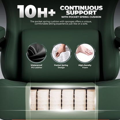 GTPLAYER Big and Tall Gaming Chair 400lbs Heavy Duty Office Chair with Footrest, High Back Pocket Spring Ergonomic Computer Chair for Adults, Wide Seated Cushion with Linkage Armrests, Leather Green