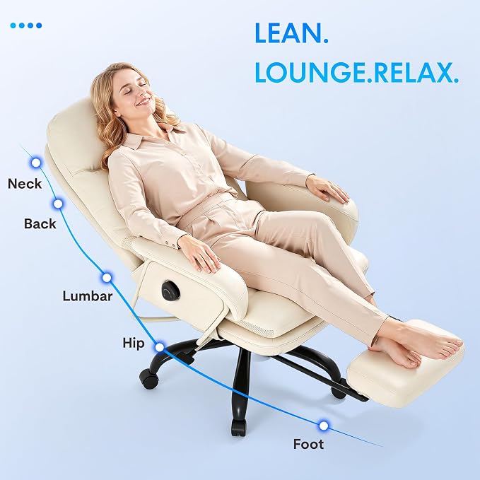 FLEXISPOT Cooling Ergonomic Office Chair with Footrest Indoor Lounge Computer Chair with 90-165° 4-Level Reclining, Chairs for Working Relaxing Sleeping, Tech Cooling Leather with 0.4 Q-Max, White