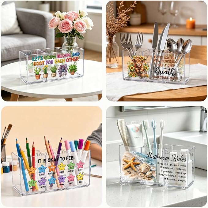 Fun Just One More Chapter Acrylic Organizer, 3 Compartment Desk & Makeup Storage Box for Book Lover, Pen Holder for Vanity Bathroom Office, Bookish Gifts for Reader, Librarian Desk Accessories