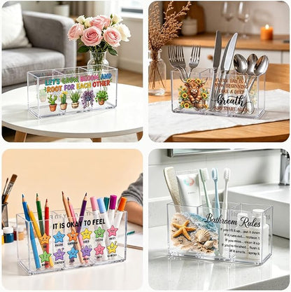 Just a Girl Acrylic Pen Holder, 3 Slot Pink Bow Desk Organizer | Cute pink bow acrylic organizer with 3 clear slots, keeps makeup, pens and remotes tidy; a sweet desk gift for teen girls.
