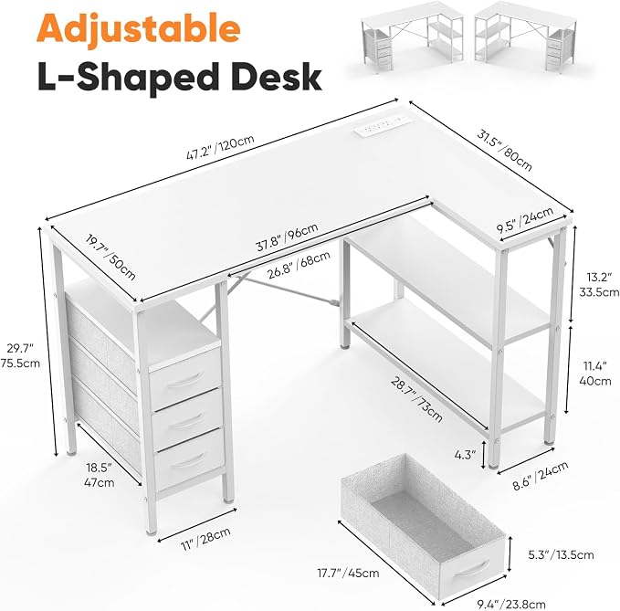 DUMOS L Shaped Desk with Shelf Drawers 47", Corner Computer Desks Gaming with Power Outlet, Study Table with Adjustable Shelves, Home Office Tables for Bedroom Teacher Writing, Modern White
