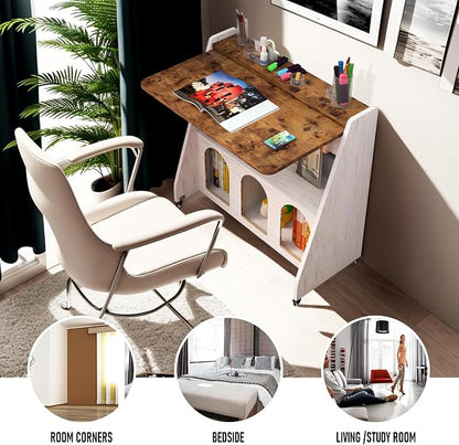 Pmnianhua Farmhouse Portable Desk on Wheels,Mobile Workstation,Rolling Computer Desk with Wheels and Storage for Home Office Small Space(Rustic Brown)