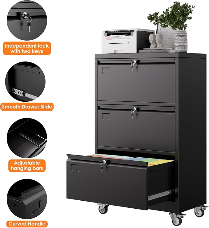 Aobabo 3 Drawer Lateral File Cabinet with Wheels, Lockable Metal Filing Cabinet for Home Office, Legal/Letter Size,Black,Required Assembled