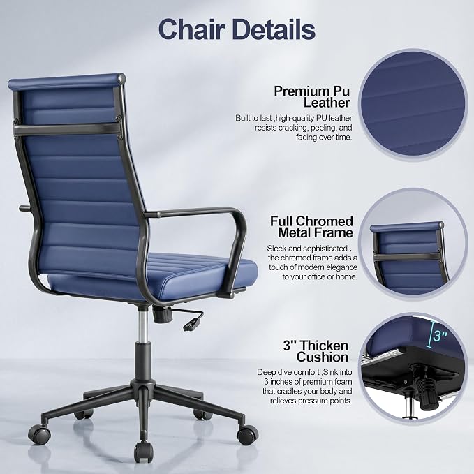 Okeysen Blue Leather Office Desk Chair, Conference Room Chairs Executive Chair Ribbed, Ergonomic Height Adjustable Swivel Rolling Chair for Home Office.