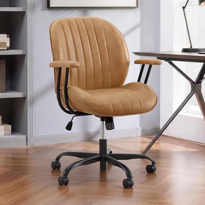 KISLOT Ergonomic Home Office Chair with Removable Arms, Adjustable Swivel Desk Chair with Wheels, Modern Faux Leather Computer Chair with Lumbar Support, Set of 2, Camel Brown