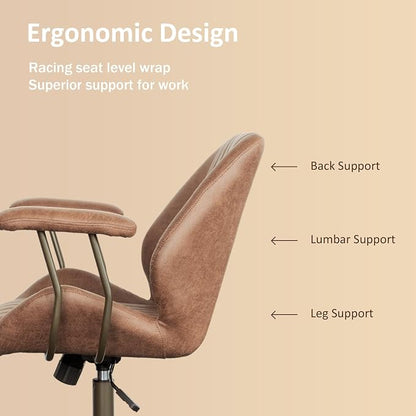 Mid Back Home Office Chair, Mid Century Modern Executive Chair, Comfy Ergonomic Rolling Office Desk Chair with Lumbar Support, Brown Faux Leather Office Chair, Brown
