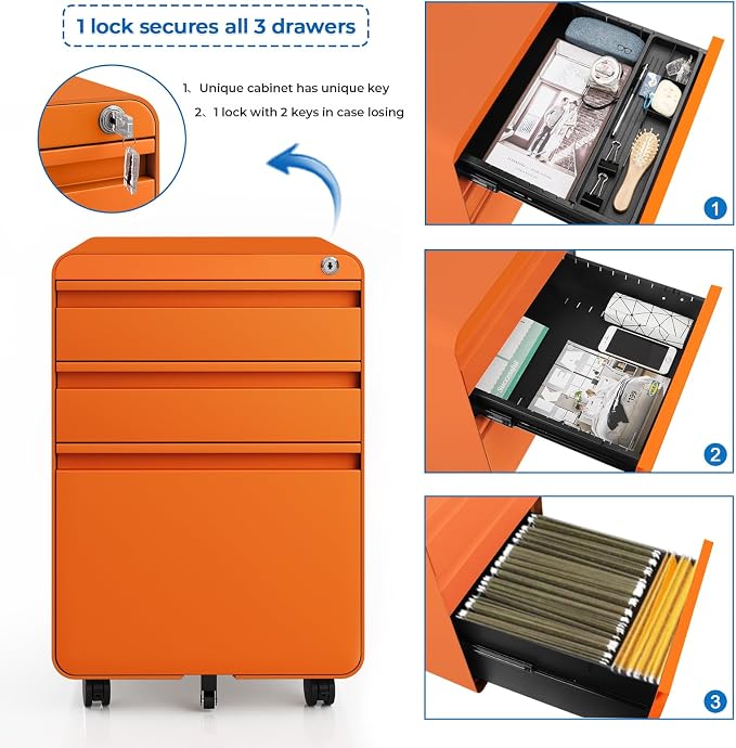Dripex 3 Drawer Orange File Cabinet, Mobile Under Desk Storage File Cabinet with Lock on Wheels, Letter/Legal Size,Fully Assembled, Small Short Vertical Metal Rolling Filing Cabinets for Home Office