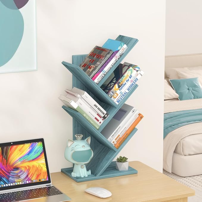 SHEEPAM 5 Tier Tree Book Shelf, Small Desktop Bookshelf with Storage Organizer, Wood Bookcase, Desk Display Bookshelves, Floor Standing Organizer Bookcases for Living Room,Bedroom,Office-Blue