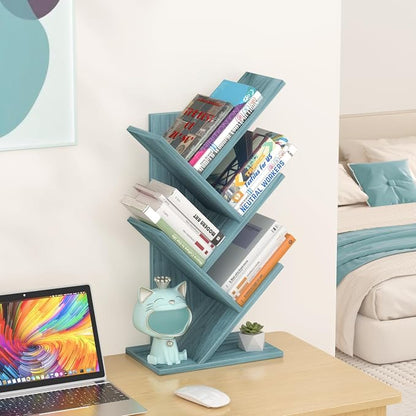 SHEEPAM 5 Tier Tree Book Shelf, Small Desktop Bookshelf with Storage Organizer, Wood Bookcase, Desk Display Bookshelves, Floor Standing Organizer Bookcases for Living Room,Bedroom,Office-Blue
