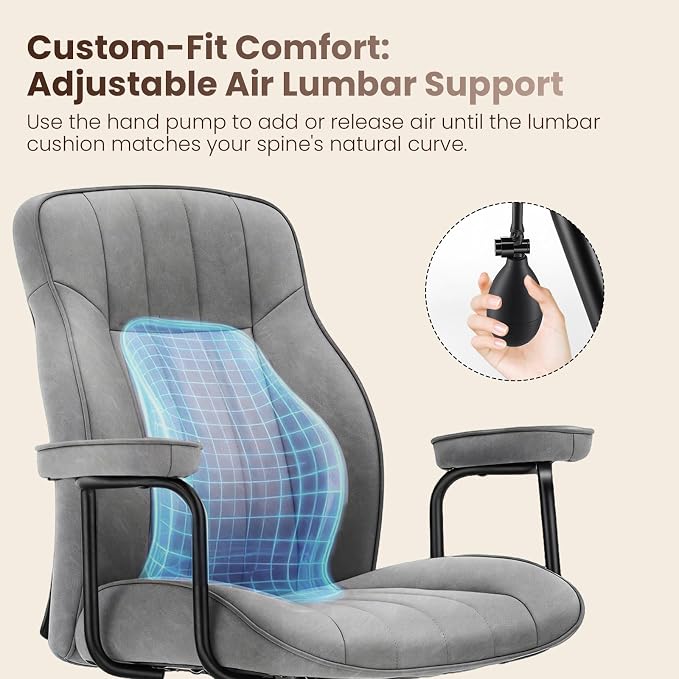 Mid Century Modern Office Chair with Inflatable Lumbar Support, Ergonomic Brown PU Leather Desk Chair with Arms, Height Adjustable Swivel Executive Computer Chair for Home Office, 300lbs