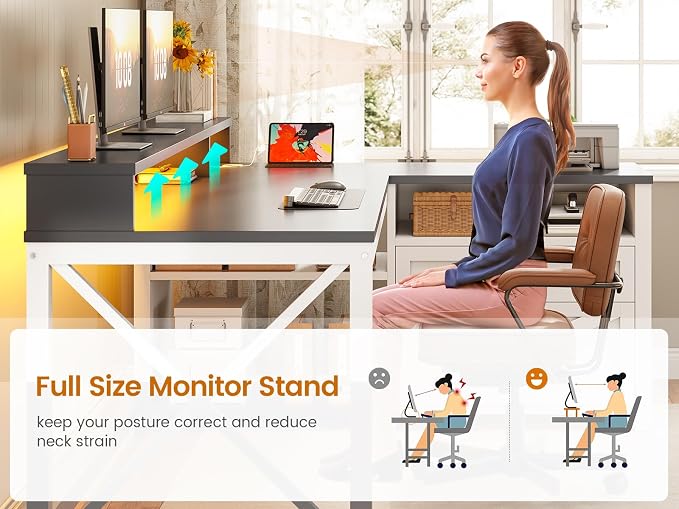 SEDETA Corner Computer Desk, 55" L Shaped Gaming Desk with Storage Drawers and Power Outlet, Farmhouse Corner Gaming Desk with Storage Shelves and LED Lights for Home Office, Black
