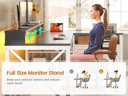 SEDETA Corner Computer Desk, 55" L Shaped Gaming Desk with Storage Drawers and Power Outlet, Farmhouse Corner Gaming Desk with Storage Shelves and LED Lights for Home Office, Black