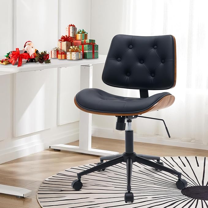 BV Armless Desk Chair with Wheels, 360 Swivel Home Office Chair No Arms, Height Adjustable Task Chair for Small Space, PU Leather Office Chair, Rolling Chair for Reading Room, Conference Room, Black