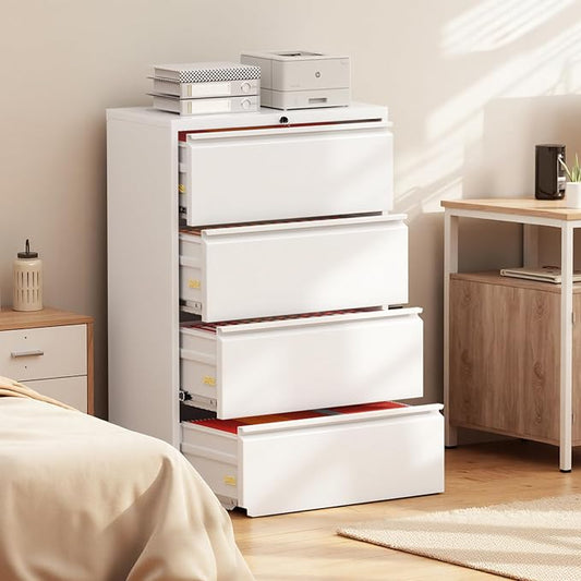 Superday Lateral File Cabinet 4 Drawer Metal File Cabinet with Lock, White Filing Cabinets for Home Office, Locking Filing Cabinets Hanging Files Letter/Legal/F4/A4
