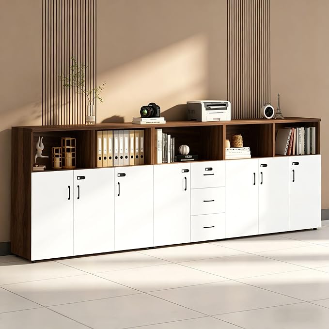 File Cabinet with Password Lock, Wood Lateral Filing Cabinet for Letter/A4 Files, 3 Drawer with Door, Printer Stand with Open Shelves for Home Office