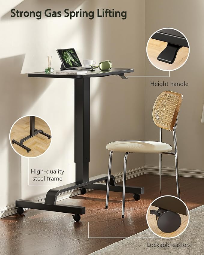 WALKINGDESK Height Adjustable Mobile Standing Desk with 360° Swivel Casters, 29"-45" Pneumatic Rolling Desk on Wheels, Perfect for Home Office, Bedroom, Living Room, Black