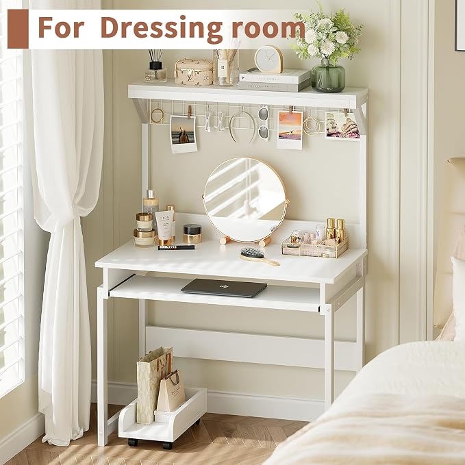 ALISENED 31.5" Small Computer Desk with Hutch, Office Desk with Workstation PC Table, Keyboard Tray & Storage for Gaming, Working, Studying, Space-Saving Design, Easy Assembly，White