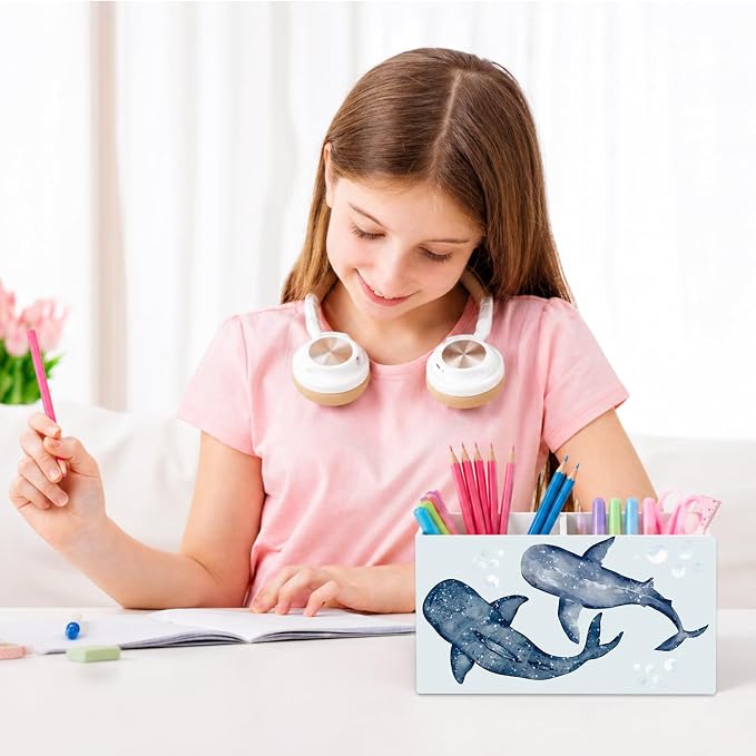 Whale Shark Beach Pen Pencil Holder for Desk Blue Whale Shark Gifts，Coastal Ocean Marine Biology Wooden Box Sign Decorations for Home Office Desk Tabletop，Beach Office Decor,