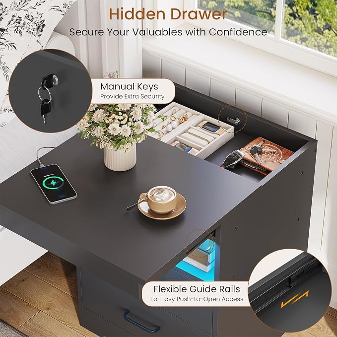 DICTAC Nightstand with Charging Station and LED Lights, Bedside Table with Lockable Sliding Desktop, Modern Night Stand with Storage Drawers and Open Shelf, End Side Table for Bedroom, Home Office