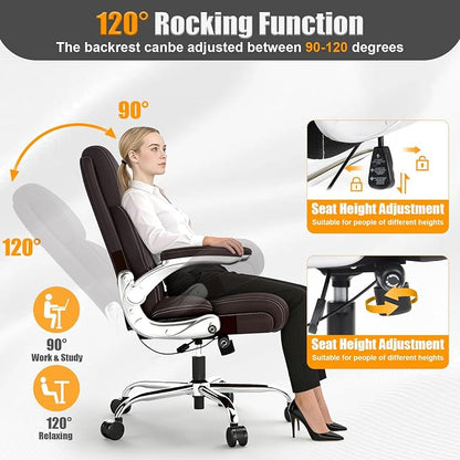 Ergonomic Leather Office Chair with Adjustable Lumbar Support, Flip-Up Armrests Desk Computer Chair, Swivel PC Chair with Rocking Function