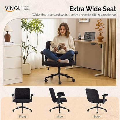 VINGLI Criss Cross Chair with Adjustable Flip-Up Arms,Cross Legged Chair with Wheels,Extra Wide Office Chair,Desk Chair for Home Office,Vanity,Bedroom, Apartment,Starry Chenille,Black
